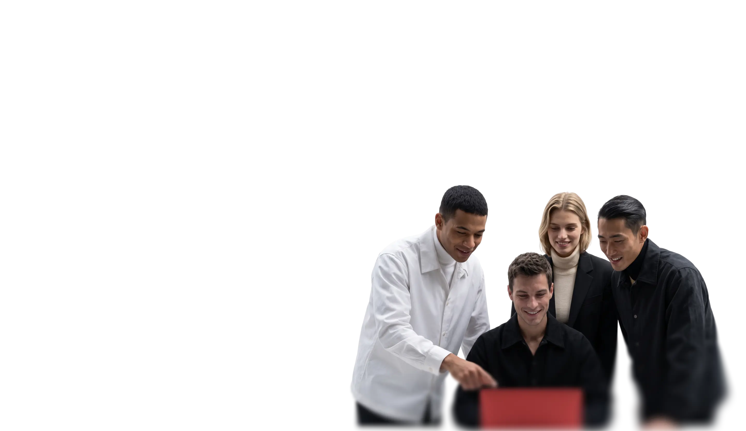 group collaborating around a laptop while reviewing trading information
