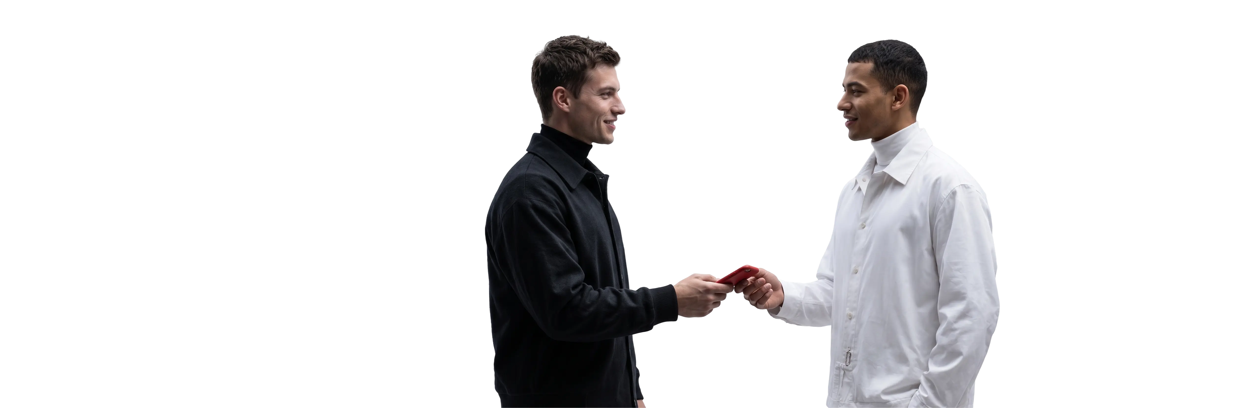 two people exchanging a smartphone